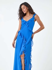 Dusk Blue Asymmetric Frill Detail Maxi Dress - Image 2 of 5