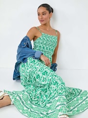 Dusk Green Aztec Style Border Print Shirred Maxi Dress - Image 1 of 5