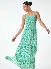 Dusk Green Aztec Style Border Print Shirred Maxi Dress - Image 2 of 5