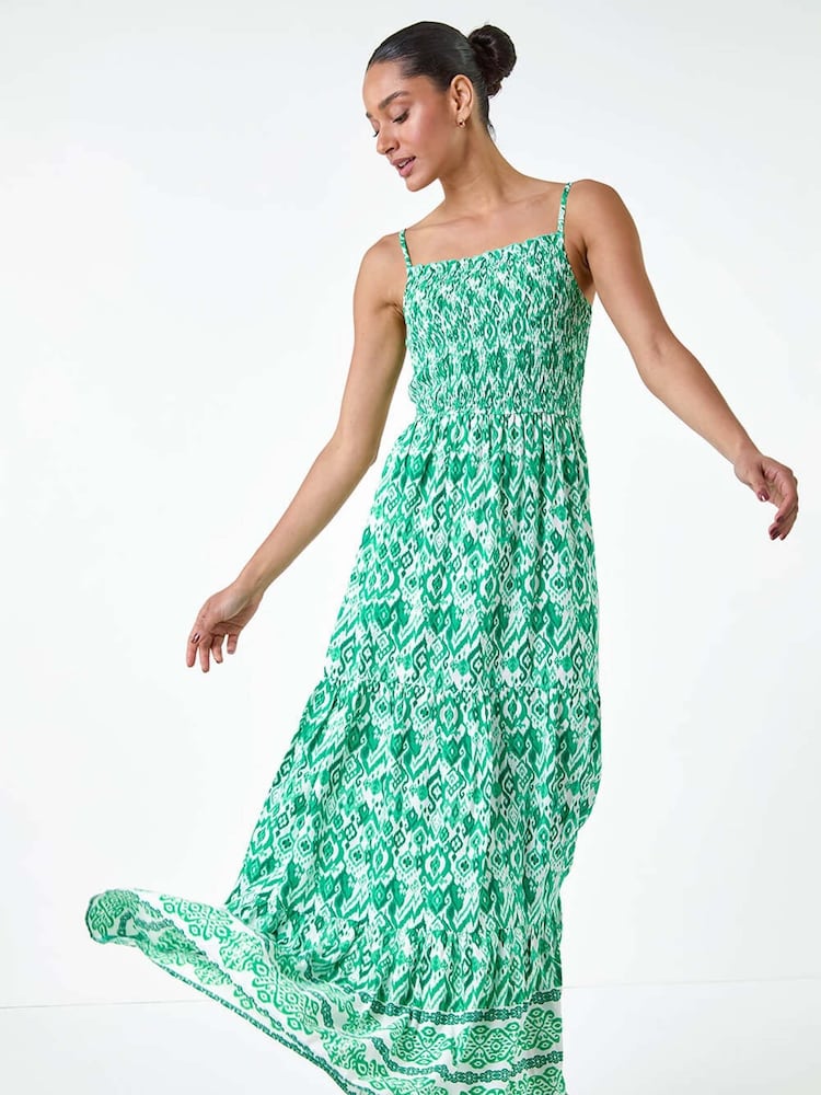 Dusk Green Aztec Style Border Print Shirred Maxi Dress - Image 2 of 5