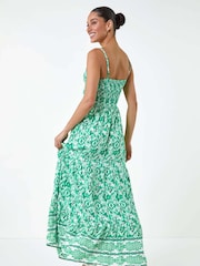 Dusk Green Aztec Style Border Print Shirred Maxi Dress - Image 3 of 5