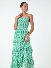 Dusk Green Aztec Style Border Print Shirred Maxi Dress - Image 4 of 5