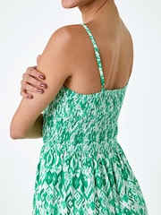 Dusk Green Aztec Style Border Print Shirred Maxi Dress - Image 5 of 5