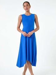 Dusk Blue Asymmetric Sleeveless Stretch Midi Dress - Image 1 of 5
