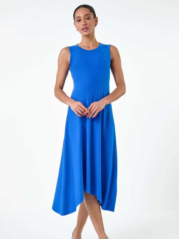 Dusk Blue Asymmetric Sleeveless Stretch Midi Dress - Image 1 of 5