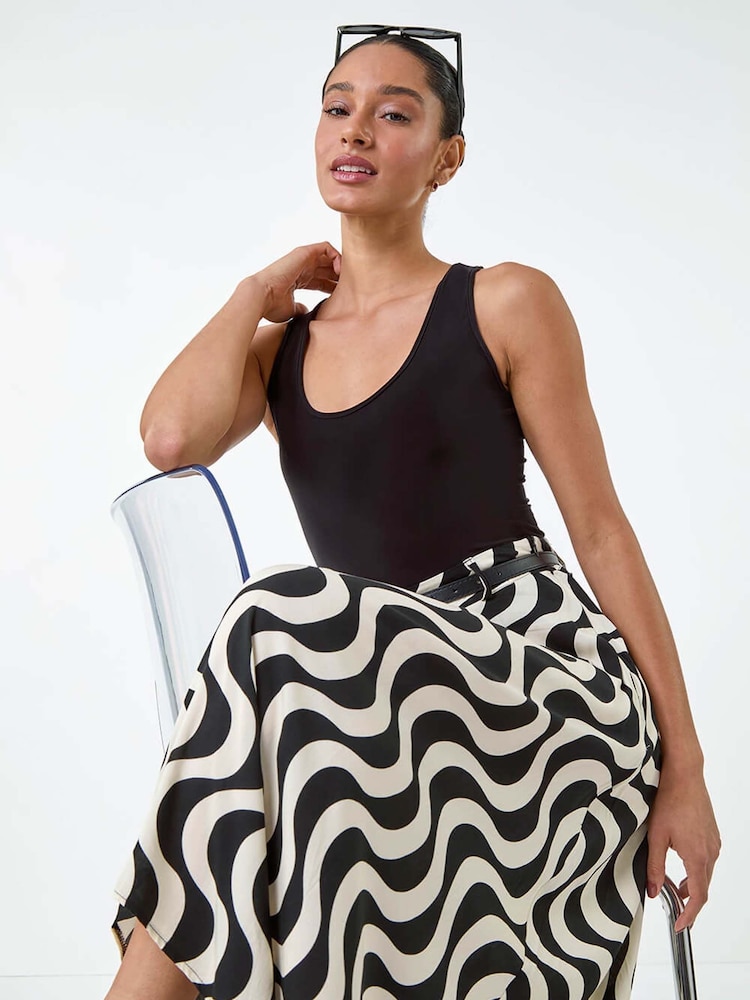 Dusk Black Swirl Print Belted Hanky Hem Midi Skirt - Image 1 of 5