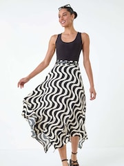 Dusk Black Swirl Print Belted Hanky Hem Midi Skirt - Image 2 of 5