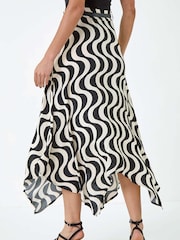Dusk Black Swirl Print Belted Hanky Hem Midi Skirt - Image 3 of 5