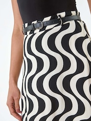Dusk Black Swirl Print Belted Hanky Hem Midi Skirt - Image 5 of 5