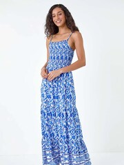 Dusk Blue Aztec Style Border Print Shirred Maxi Dress - Image 2 of 5