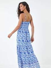 Dusk Blue Aztec Style Border Print Shirred Maxi Dress - Image 3 of 5