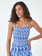 Dusk Blue Aztec Style Border Print Shirred Maxi Dress - Image 5 of 5