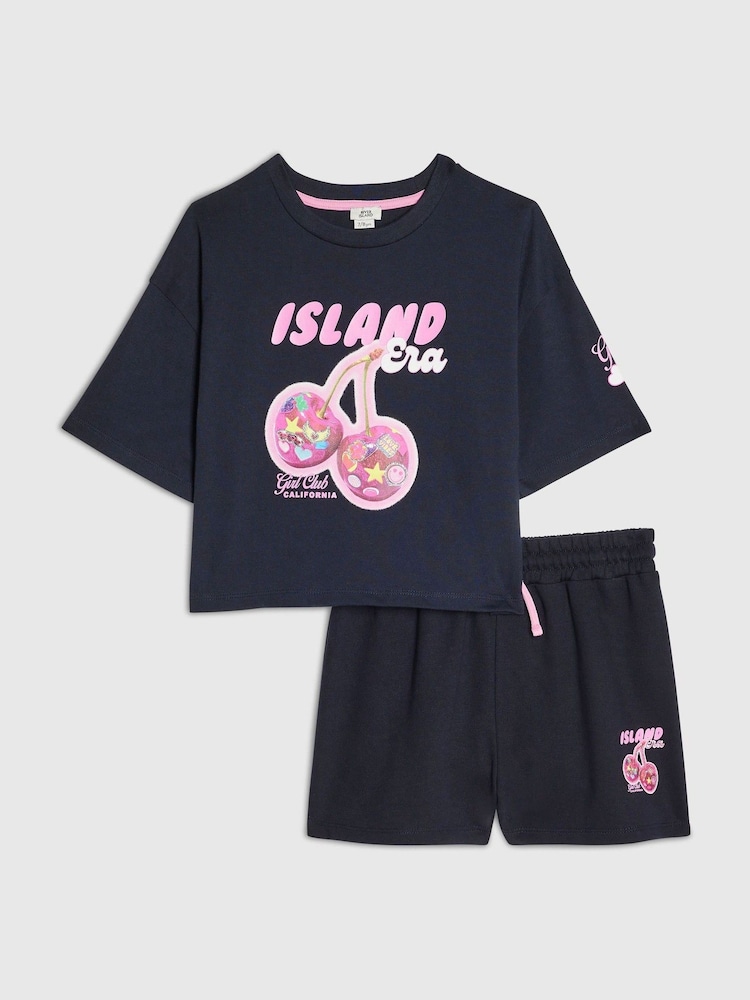 River Island Blue Island Era Cherry T-Shirt & Short Set - Image 1 of 4