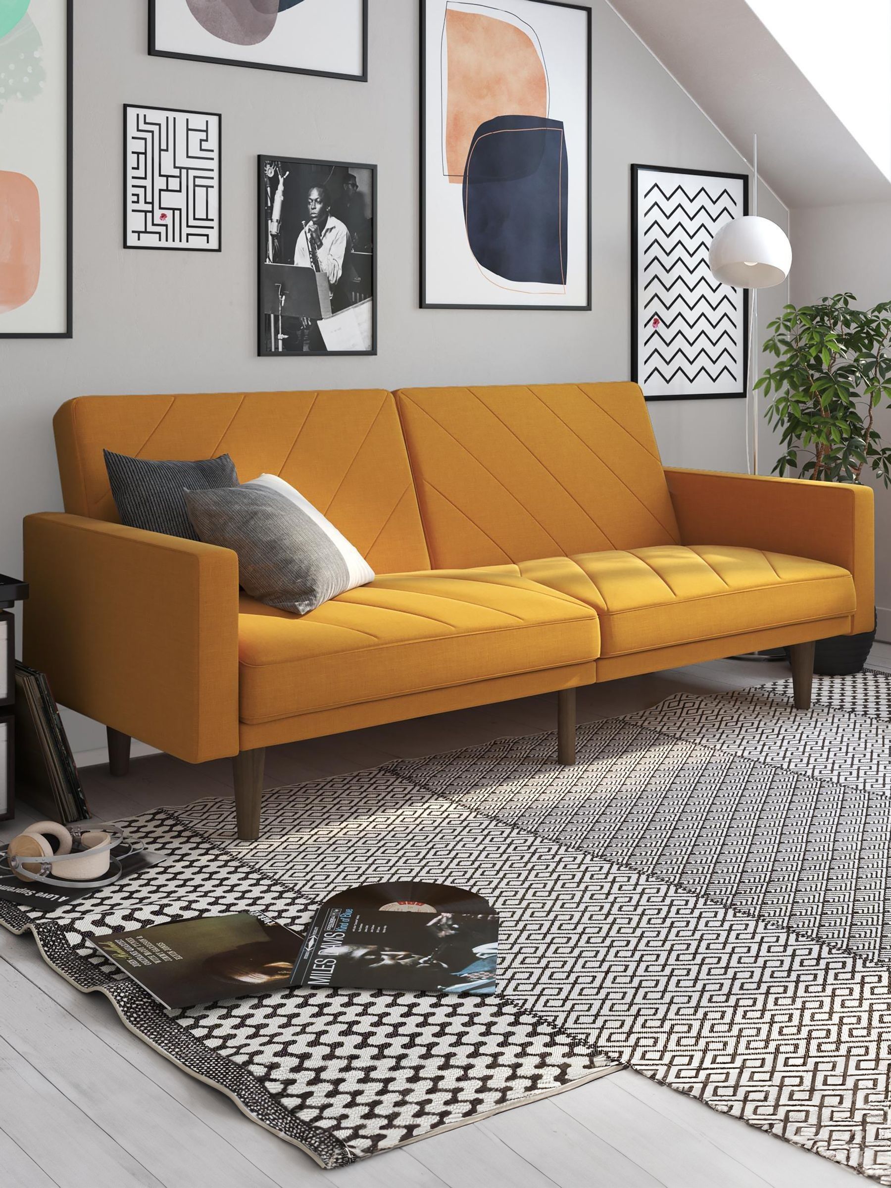 Dorel Paxson Mustard Linen 3 Seater Sofa Bed With Wooden Feet - Image 4
