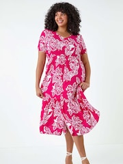 Roman Pink Floral Print Tiered Midi Dress - Image 1 of 5