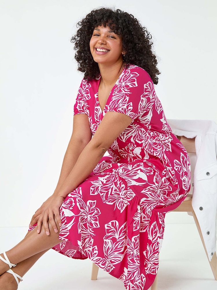 Roman Pink Floral Print Tiered Midi Dress - Image 2 of 5
