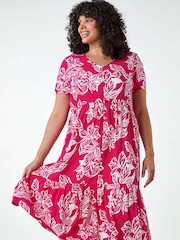 Roman Pink Floral Print Tiered Midi Dress - Image 4 of 5
