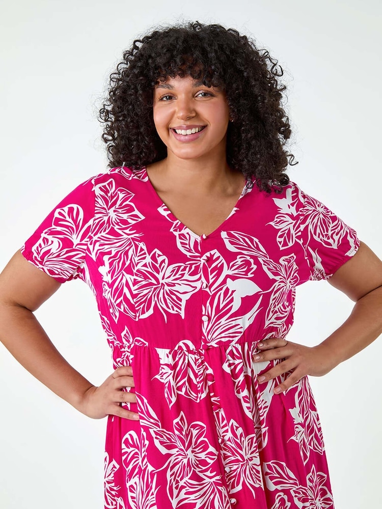 Roman Pink Floral Print Tiered Midi Dress - Image 5 of 5