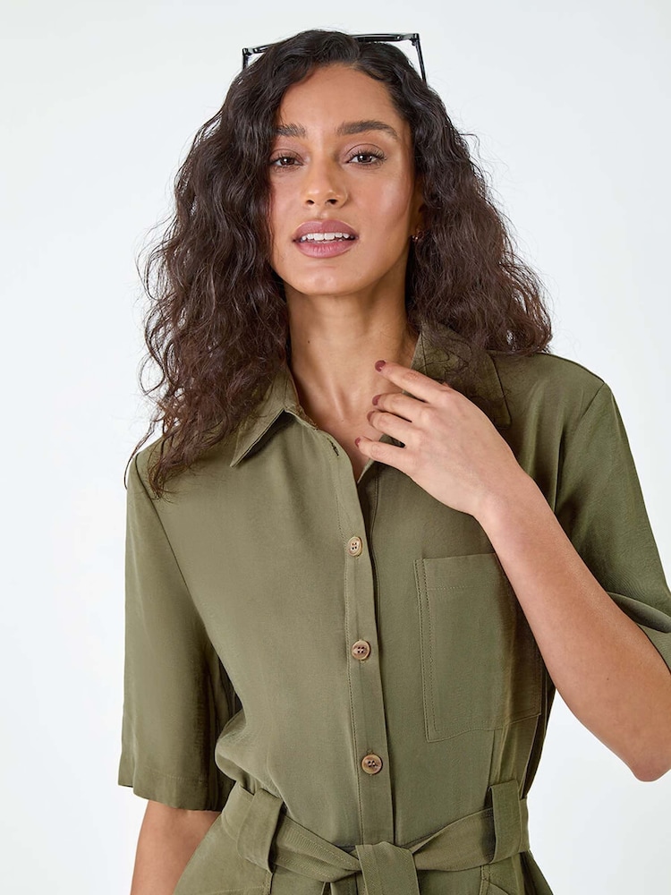 Dusk Green Button Through Belted Pocket Playsuit - Image 4 of 5
