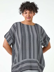 Roman Black Stripe Print Border Hem Top - Image 1 of 5