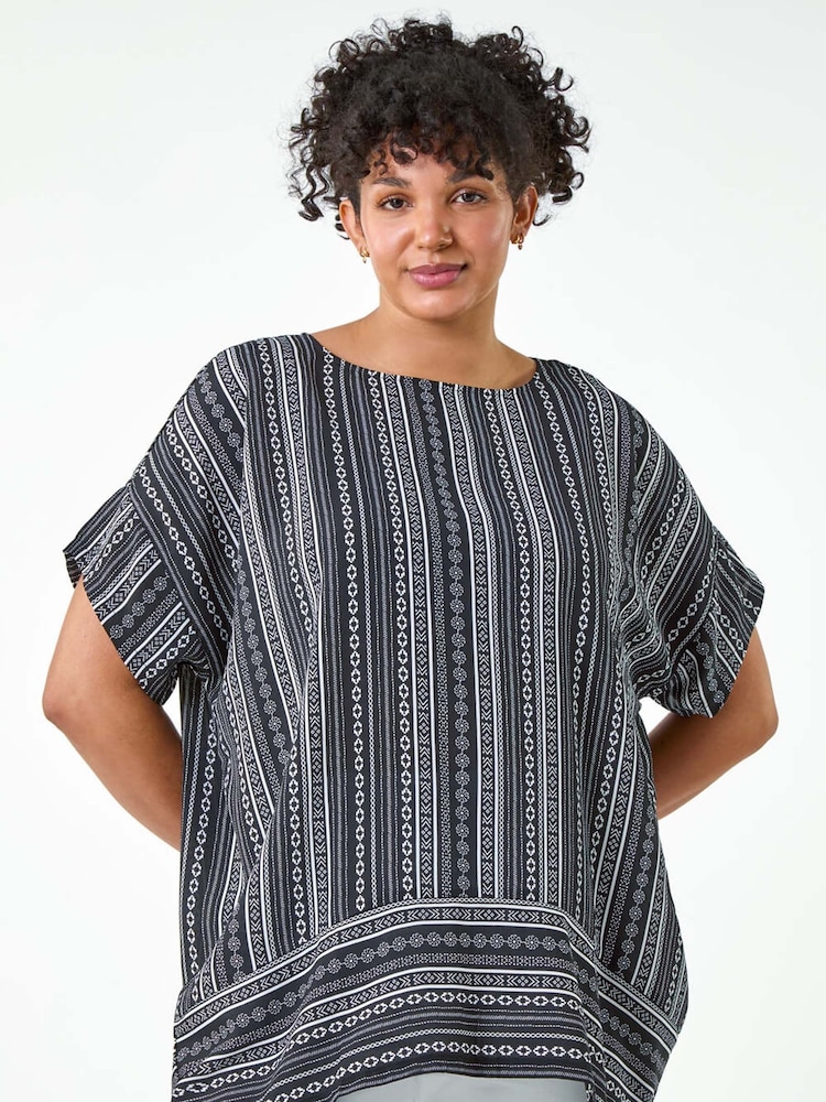 Roman Black Stripe Print Border Hem Top - Image 1 of 5