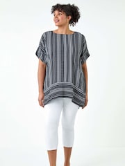 Roman Black Stripe Print Border Hem Top - Image 2 of 5