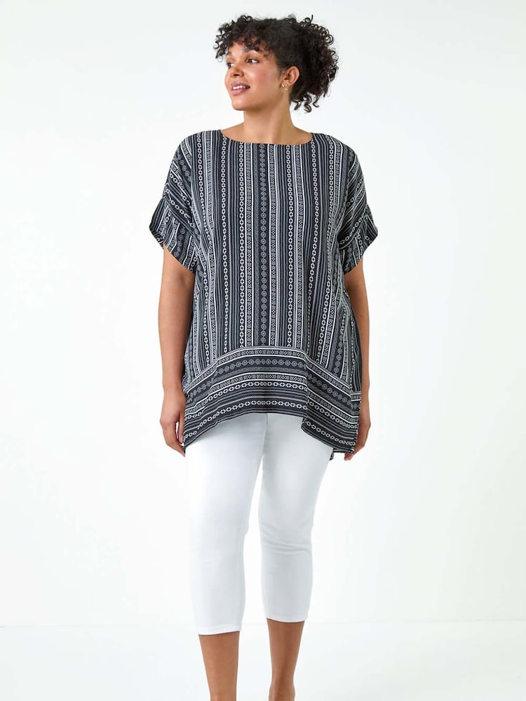 Roman Black Stripe Print Border Hem Top - Image 2 of 5