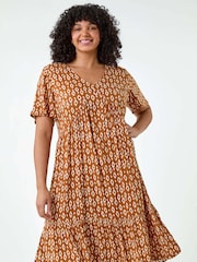 Roman Brown Geometric Tiered Frill Midi Dress - Image 1 of 5