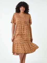 Roman Brown Geometric Tiered Frill Midi Dress - Image 2 of 5