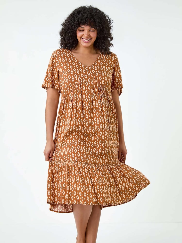 Roman Brown Geometric Tiered Frill Midi Dress - Image 2 of 5