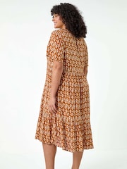 Roman Brown Geometric Tiered Frill Midi Dress - Image 3 of 5