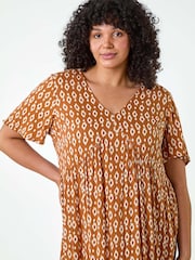 Roman Brown Geometric Tiered Frill Midi Dress - Image 4 of 5