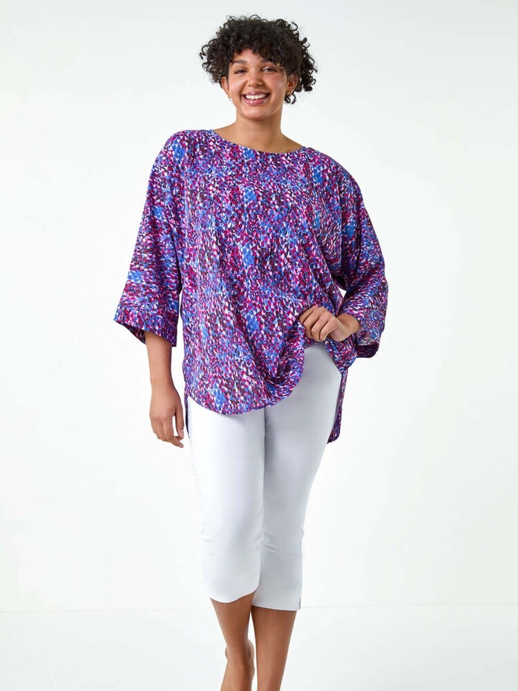 Roman Purple Abstract Print Dipped Hem Top - Image 2 of 5