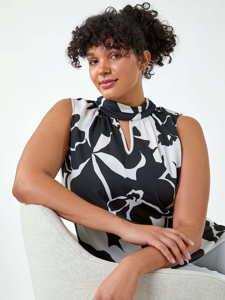Roman Black Abstract Bubble Hem Keyhole Top - Image 1 of 5