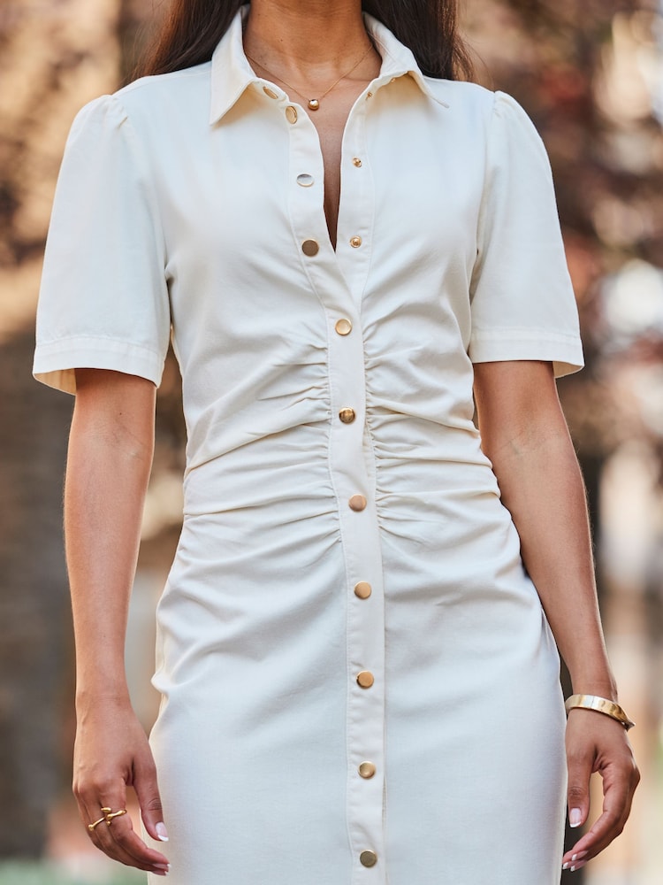 Sosandar Cream Popper Front Denim Dress - Image 4 of 5