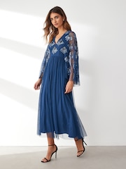 Maya Blue Wide Sleeve Embellished Tulle Midaxi Dress - Image 1 of 3