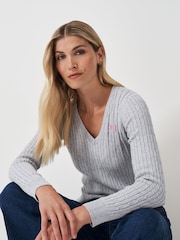 Crew Clothing Grey Heritage Cable V-Neck Jumper - Image 1 of 5