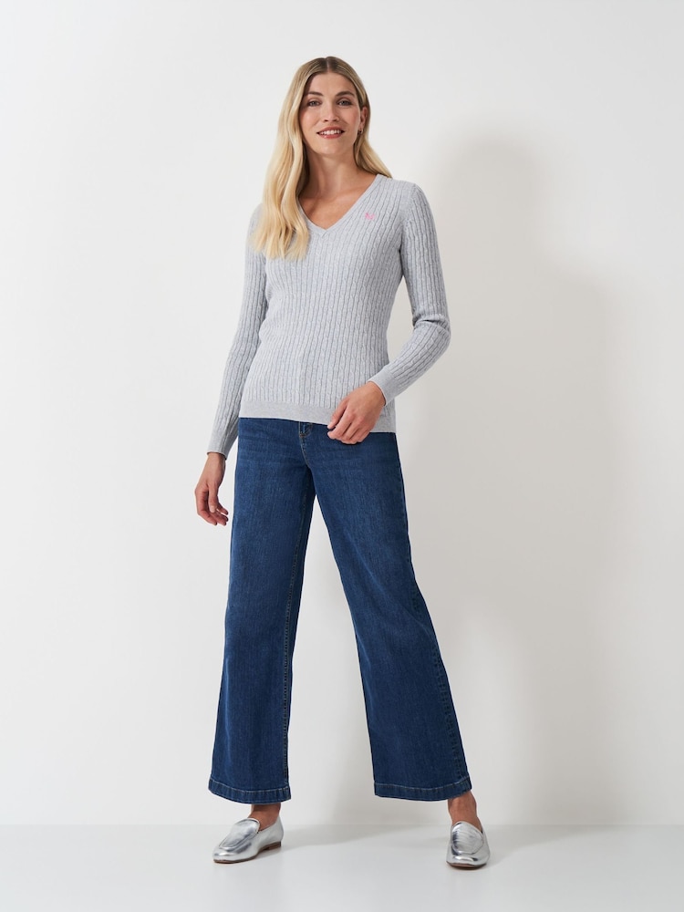 Crew Clothing Grey Heritage Cable V-Neck Jumper - Image 3 of 5