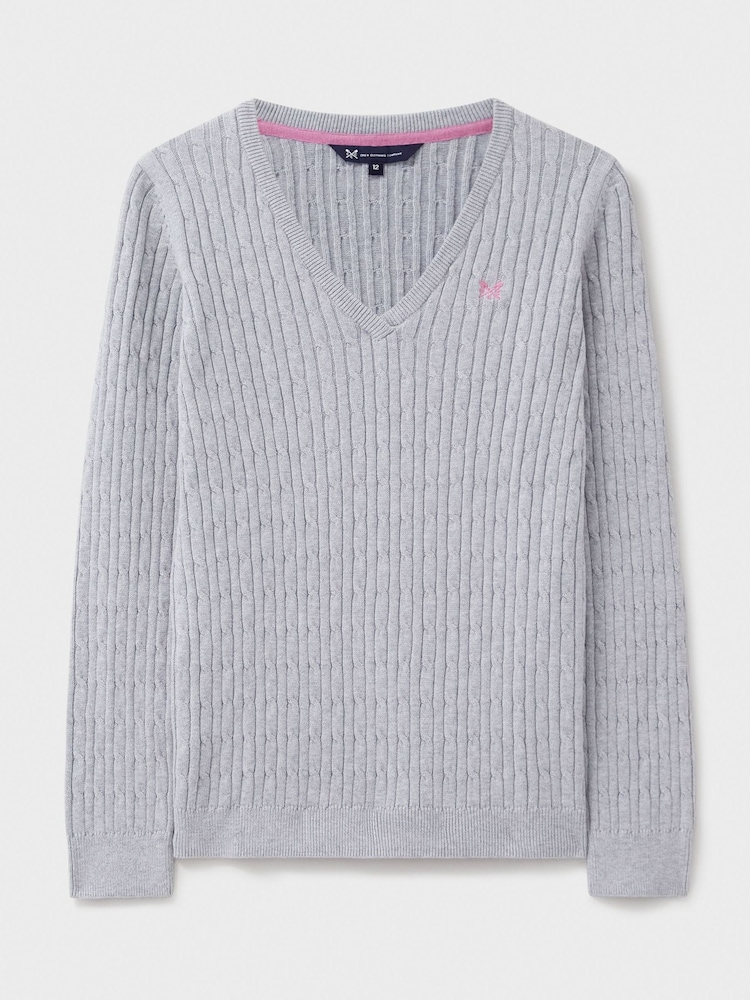 Crew Clothing Grey Heritage Cable V-Neck Jumper - Image 5 of 5