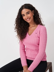 Crew Clothing Pink Heritage Cable V-Neck Jumper - Image 1 of 5