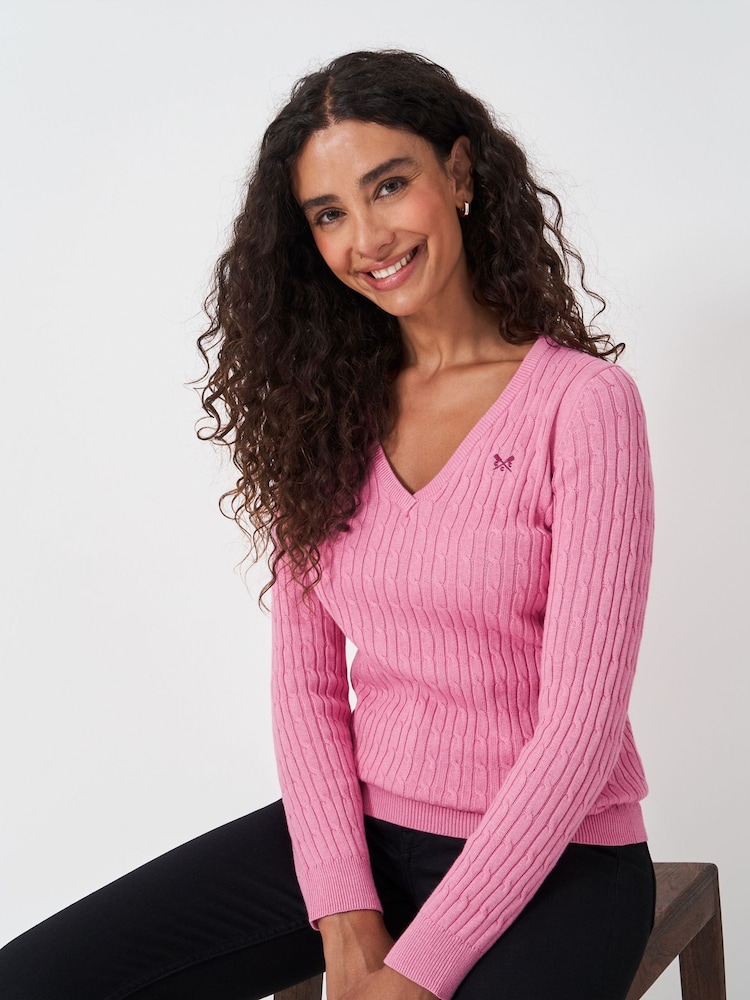 Crew Clothing Pink Heritage Cable V-Neck Jumper - Image 1 of 5