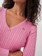 Crew Clothing Pink Heritage Cable V-Neck Jumper - Image 4 of 5