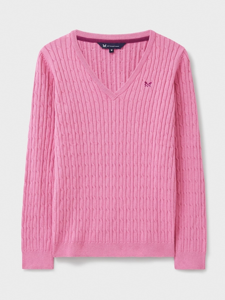 Crew Clothing Pink Heritage Cable V-Neck Jumper - Image 5 of 5
