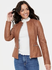 Urban Code Brown Collarless Leather Jacket - Image 1 of 5
