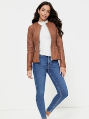 Urban Code Brown Collarless Leather Jacket - Image 3 of 5