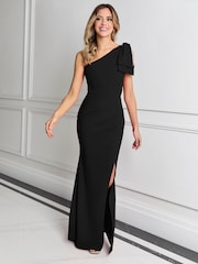 Sistaglam Black Millie One Shoulder Bow Ruched Maxi Dress with Split - Image 3 of 4