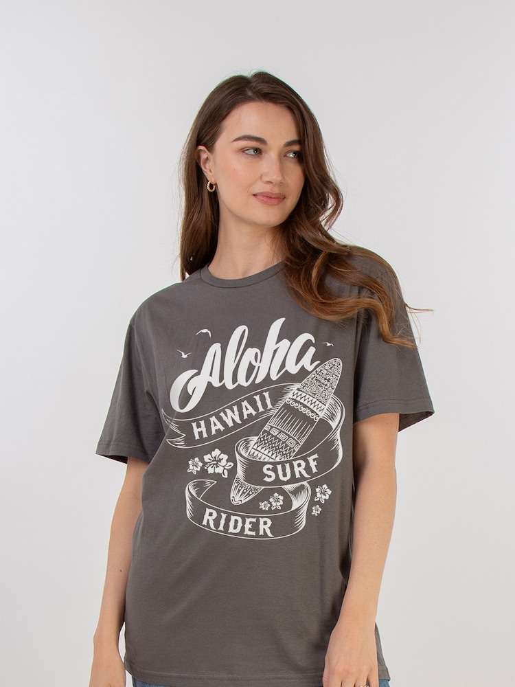 Brands In Grey Women Boyfriend Fit Aloha Hawaii 100% Cotton T-Shirt - Image 1 of 3