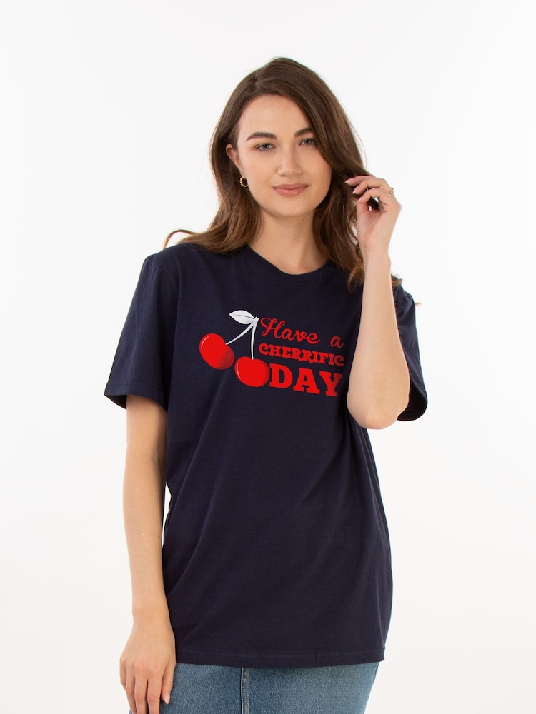 Brands In Blue Women Boyfriend Fit Have A Cherrific Day 100% Cotton T-Shirt - Image 1 of 3