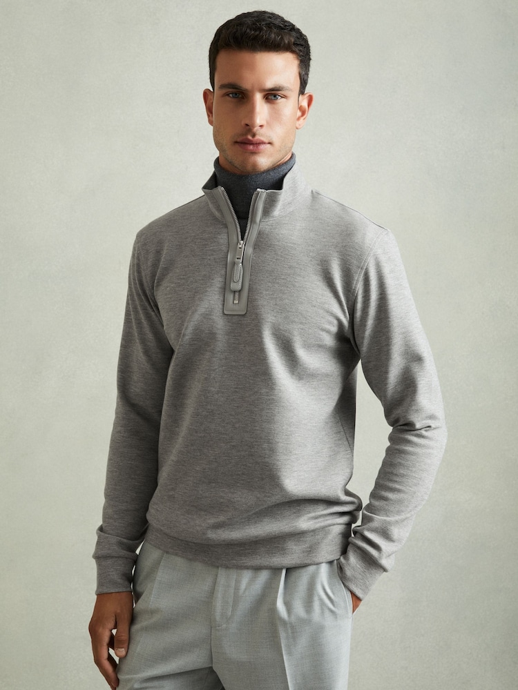 Reiss Grey Melange Hale Leather-Placket Interlock-Jersey Sweatshirt - Image 1 of 6