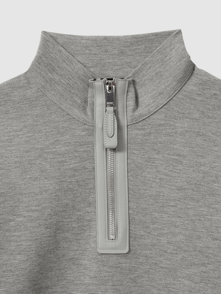 Reiss Grey Melange Hale Leather-Placket Interlock-Jersey Sweatshirt - Image 6 of 6
